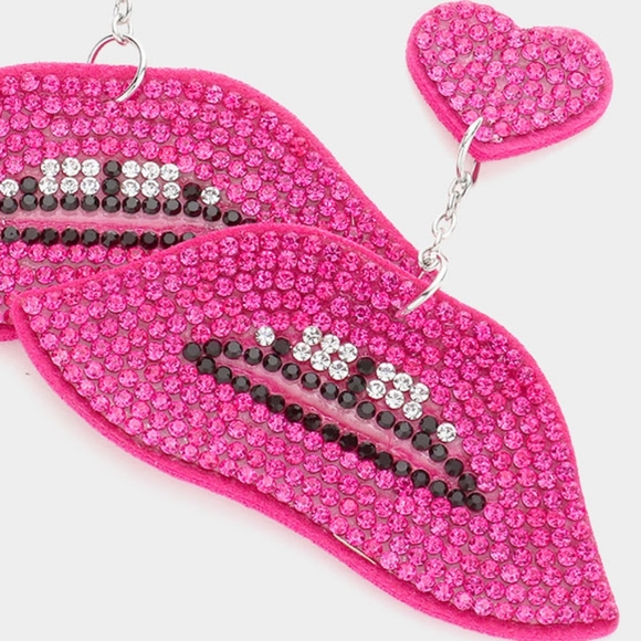 Fuchsia Heart Bling Dangle Lip Earrings Cute Fashion Statement Accessories - Picture 2 of 3
